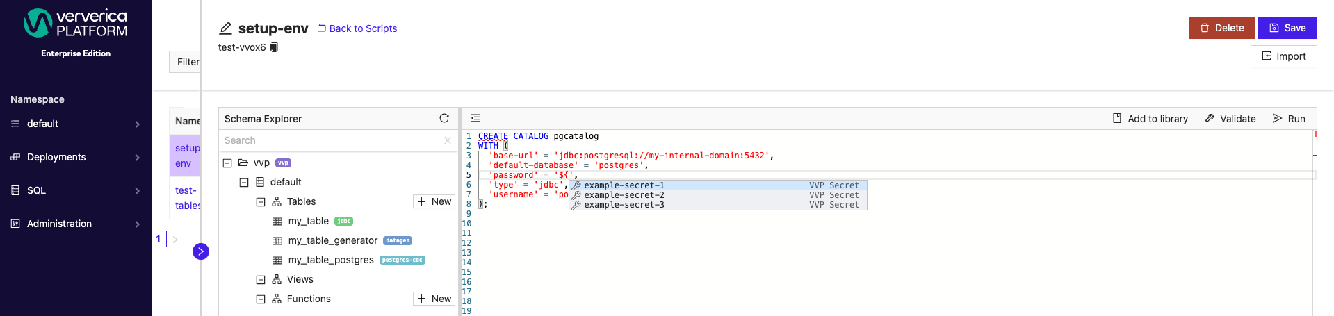 SQL Script Create Catalog with Secret Value
