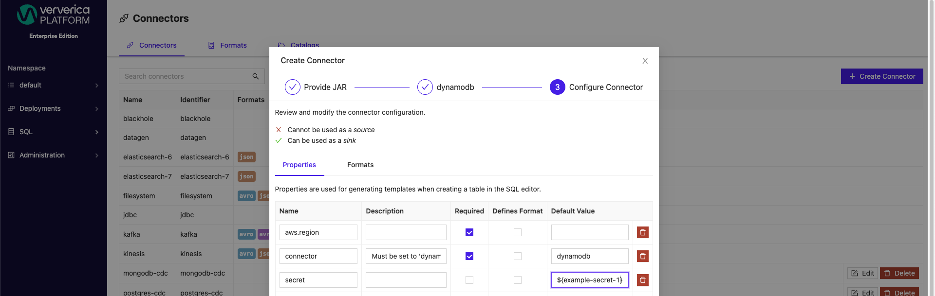 Create Connector with Secret Value